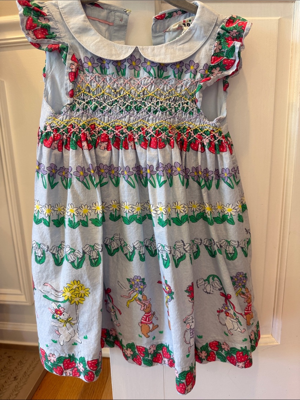 Mini Boden Girls Strawberry & Floral Smocked Cotton Dress - Light Blue